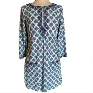 Cabana Life navy aqua print tunic shift dress keyhole pockets 3/4 sleeve M
